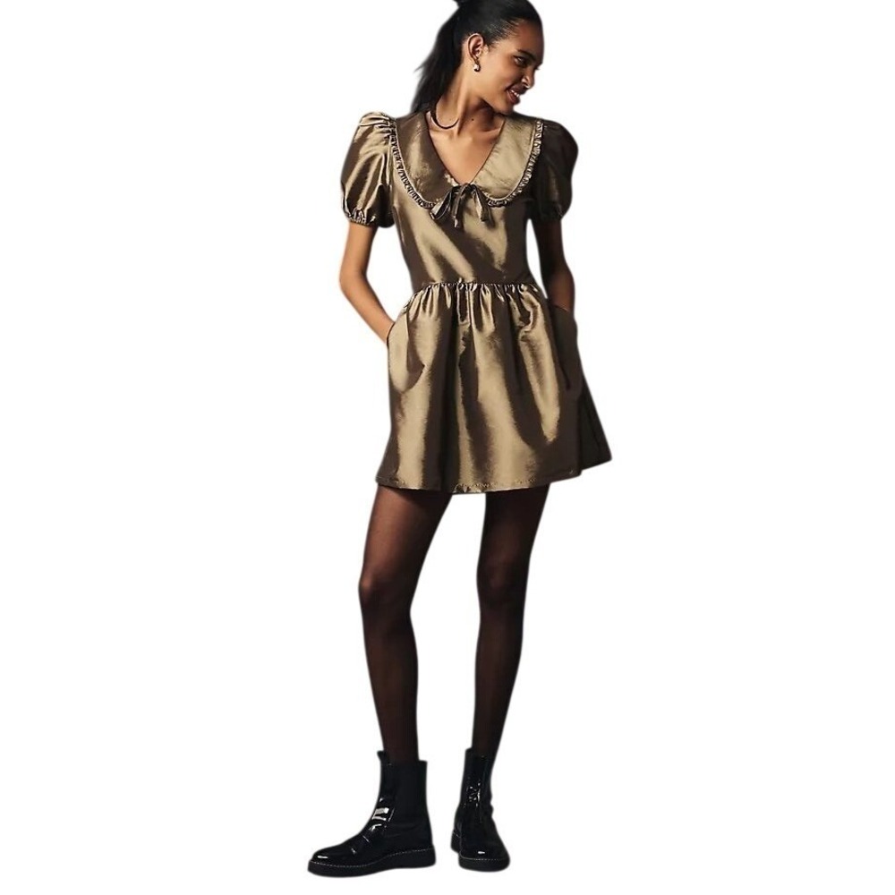 Porridge Anthropologie Taffeta Mini Dress Olive Bronze Puff Sleeve Peter Pan M